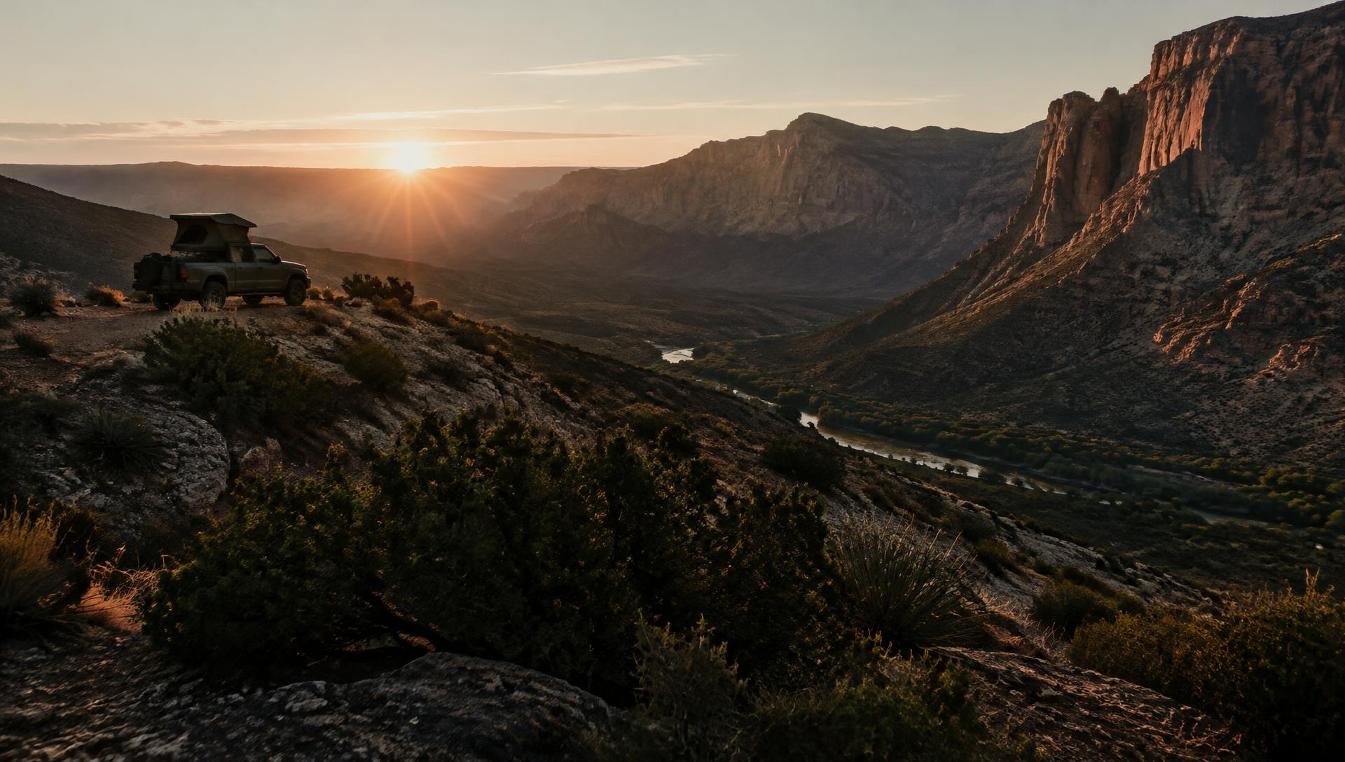Truck camped above a desert canyon at sunrise
